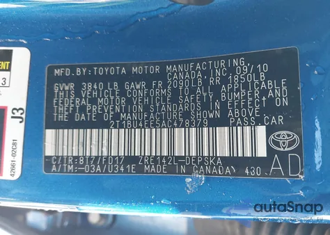 2010 Toyota Corolla S z USA, uszkodzony, nr VIN 2T1BU4EE5AC478379